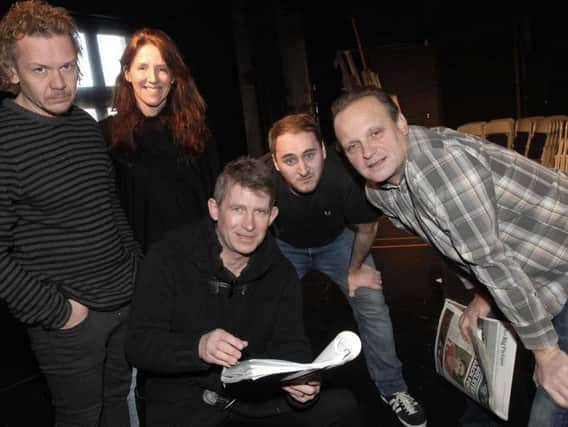Loaded in Harrogate - Actor Lee Bainbridge, second from right, with fellow cast members Andy Murton (Pete), Susan Mitchell(Carol), playwright David Bown and Keith Hukin (Mick) (1602162AM1)