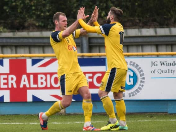 Gregg Anderson and Josh Greening celebrate Tadcaster's second goal (Photo: Ian Parker)