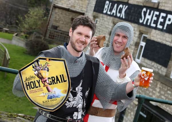 Black Sheep Brewerys Rob (left) and Jo (right) Theakston celebrate the genius of Monty Python and the release of its Holy Grail beer dressed as Knights from the 1975 film.
