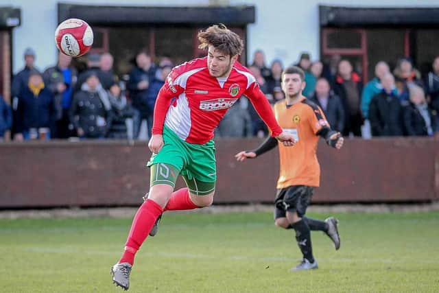 Dan Barrett heads home for Harrogate Railway only to be thwarted by the lineman's flag (Photo: Caught Light Photography)