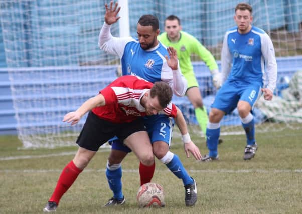 Fatlum Ibrahimi controls the ball under pressure for Knaresborough Town (Photo, Craig Dinsdale)