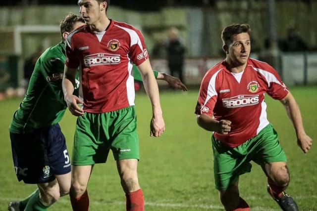Paul Beesley, right, came off the bench during the 2-1 defeat to Burscough (Photo: Caught Light Photography)