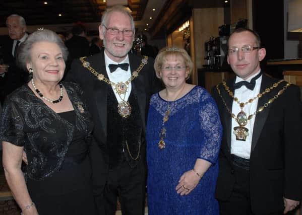NADV 1605076AM8 Mayor of Harrogate's Queen's 90th. Shirley Fawcett, The Mayor of Harrogate Coun. Nigel Simms, The Mayoress of Harrogate Lynn Simms and Richard Sweeting (1605076AM8)