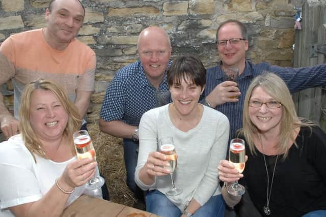 NAWN 1605281AM2 Wetherby Lions Beer Festival. Jo Stocks, Paul Stocks, Andrew Taylor, Jackie Taylor, James Mawson and Andrea Mawson. (1605281AM2)