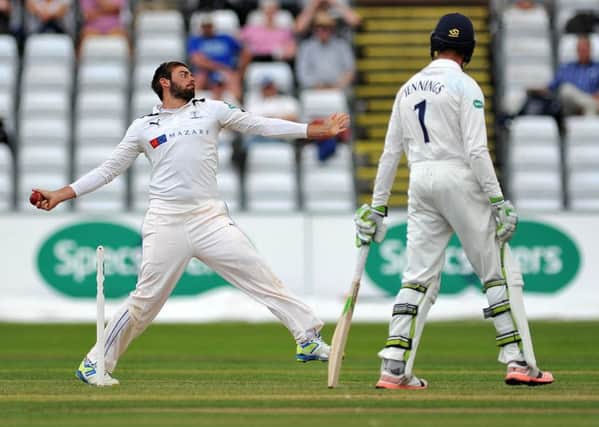 Jack Leaning bowling for Yorkshire against Durham at the Emirates. Photo: FRANK REID