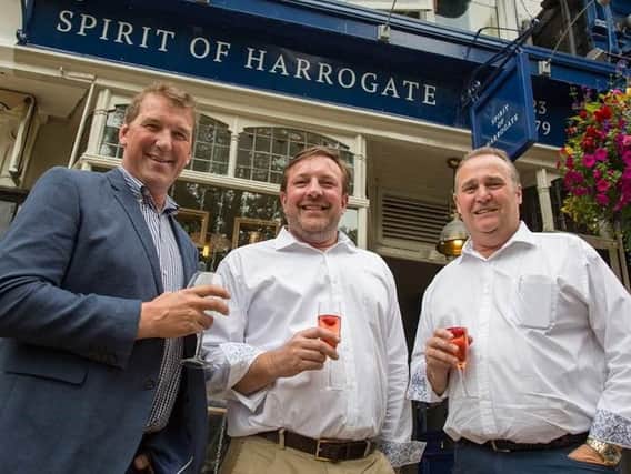 Olympic rower Matthew Pinsent and joint managing directors at Slingsby Gin Marcus Black and Mike Carthy. (Picture by Mike Leng)
