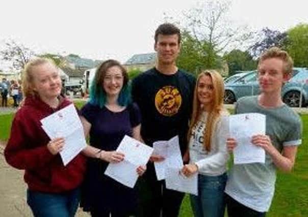 Emily Howells, Meg Terzza, Will Nimick, Katy Scott and Alex Dallas celebrate their A level results at Rossett School.