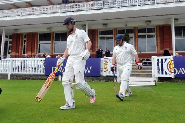 4 September 2016.......   Sessay Cricket Club opening batsmen Mark Wilkie (capt)
and Matthew Till take on Sibton Park from Kent in the Davidstow Village Cup Final at Lords Cricket Ground. Picture Tony Johnson.
