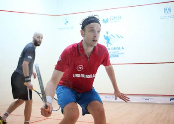 James Willstrop, right, on his way to winning against Jaymie Haycocks, in Cairo. Picture courtesy of PSA.