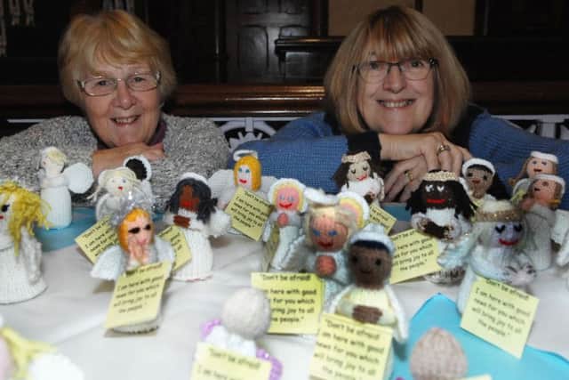 NARG 1611211AM1 Knitted Angels at Allhallowgate Methodist Church. Andrea Scott and Lynda Blackburn with some of the many knitted angels.(1611211AM1)