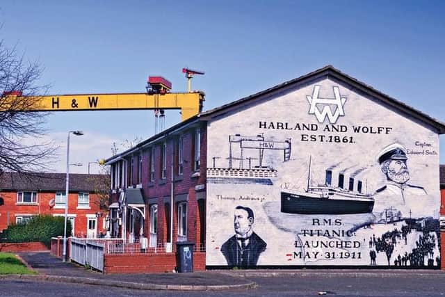 View of Harland and Wolff Mural with crane at the back - Visit Belfast