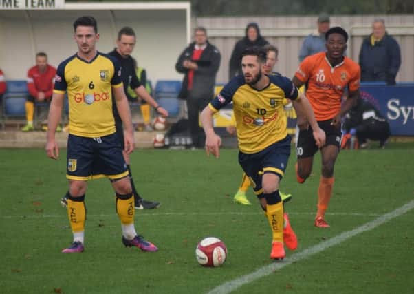 Tadcaster Albion goalscorer Josh Greening in action against Brighouse. Picture: Matthew Appleby