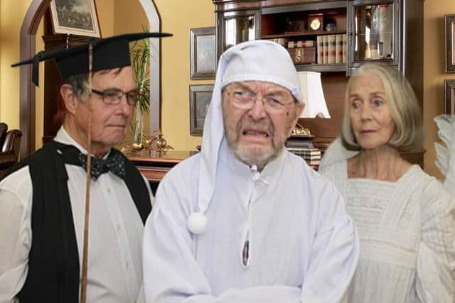 Summerbridge Players will be presenting A Christmas Carol in Dacre Village Hall. Pictured are  Chris Rush, Ivan Turner, and Jackie Kerr as Mr Grimes, Ebenezer Scrooge and the ghost of Christmas Past.