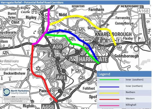 A map showing the Harrogate Relief Road potential options Â© Crown copyright 2016 Media 051/16