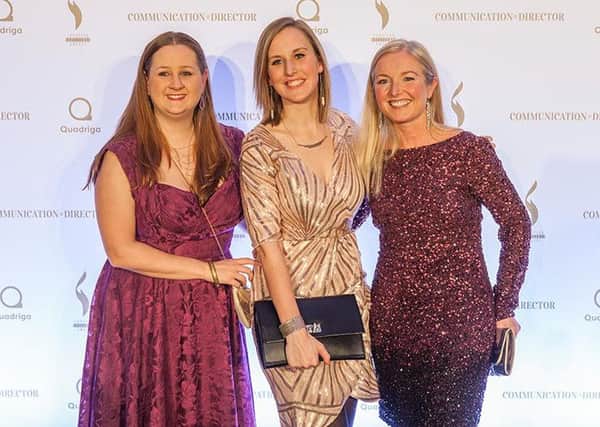 Ellie St George-Yorke, Rebecca Jackson and managing director Louise Vaughan celebrate Acceleris's third win in the European PR Excellence Awards in Berlin. The Harrogate agency defended its title as Europes best communicator in the Issues and Reputation Management category.
