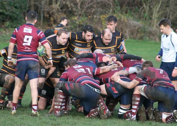 Harrogate Pythons' pack prepares for a scrum during their Yorkshire Three defeat to Aireborough