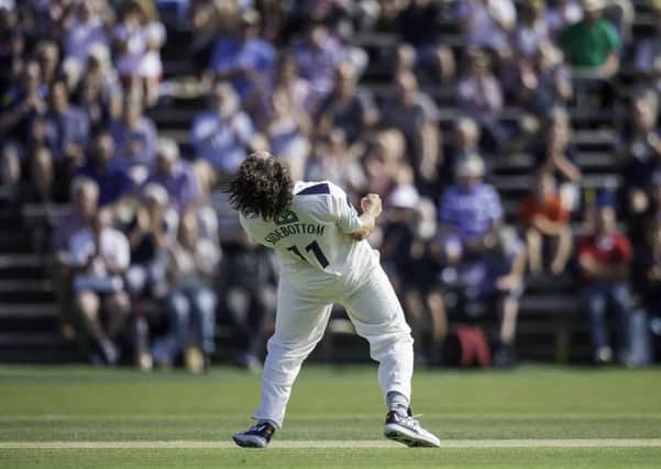 GOTCHA: Yorkshire's Ryan Sidebottom celebrates dismissing Nottinghamshire's Steven Mullaney at Scarborough in August this year. Picture by Allan McKenzie/SWpix.com