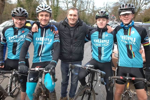 NADV 1701011AM10 Harrogate Nova Cyclocross. Otley Cycle Club members Harry Hunt, Tom Cullen, Martin Pollard, Robbie Pollard and Tom Ratclliffe. (1701011AM10)