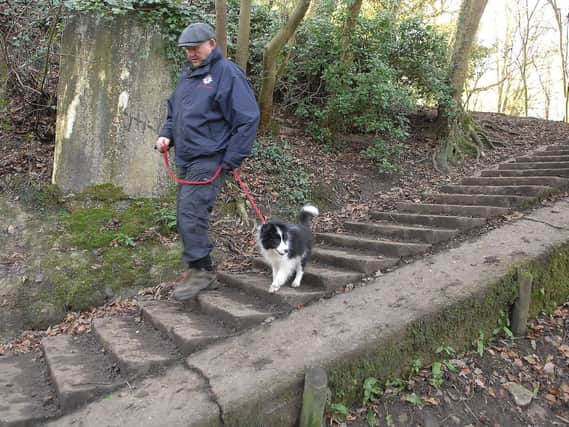 Ripon City Councillor Stuart Martin walking his dog Meg down the Fairy Steps.