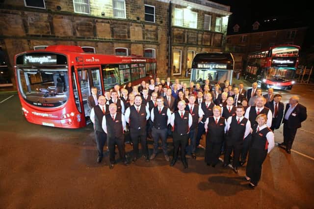 Employees of the Harrogate bus company with zero emission bus, model imported from Gothemburg as part of a show case event