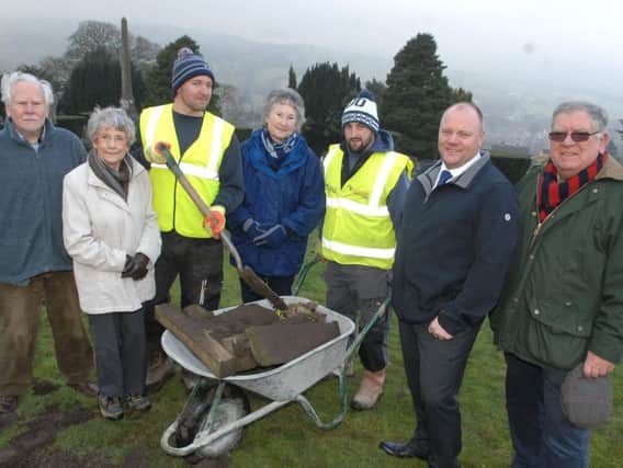 Friends of Pateley Bridge Cemetery. David Moody, Barbara Breckon, Joanna Moody and Chris Henderson with Gavin Scammell and Leigh Andrews of Memsafe and Stephen Hemsworth Bereavement Services Manager for HBC
