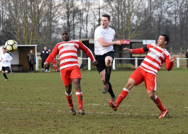 Ali Bowles smashes home his second goal during Wetherby Athletic's 4-2 League Cup quarter-final loss at Aberford Albion. Picture: Pete Arnett