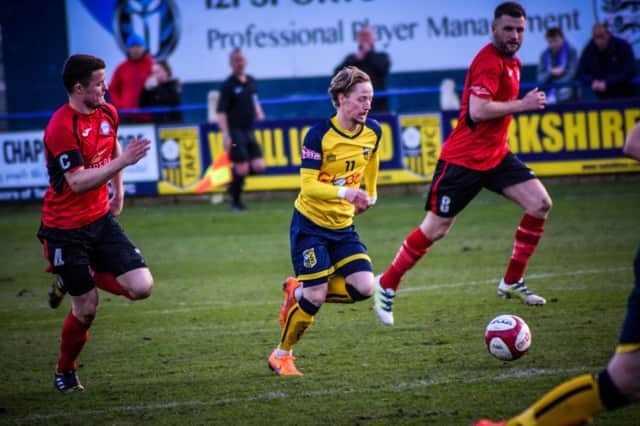 Conor Sellars on the ball for Tadcaster Albion during Saturday's home defeat to Ramsbottom United. Picture: Matthew Appleby