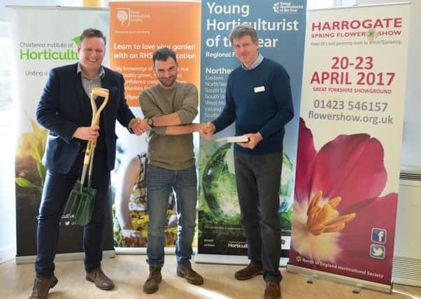 Matthew Brewer, centre, with Nick Smith, NEHS show director (left) and Harlow Carr curator Paul Cook (right)