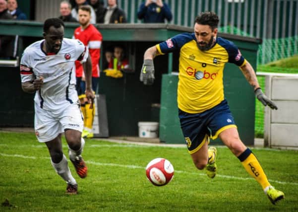 Jonathan Greening in action during  Tadcaster Albion's Evo-Stik Division One North loss at Trafford. Picture: Matthew Appleby