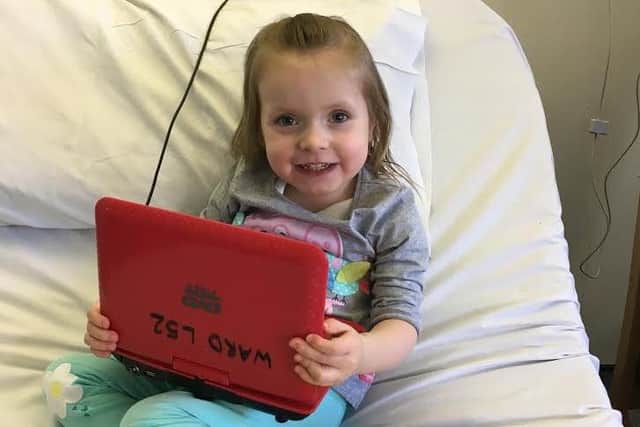 Little Macey looks healthy and cheery on her final day as she gets ready to be discharged and come home. Picture: Robyn Clarke