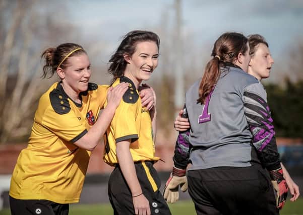 Harrogate Town Ladies celebrate another goal on their way to title glory. Picture: Caught Light Photography