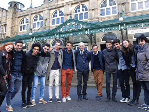 Visiting French students outside the Royal Hall.