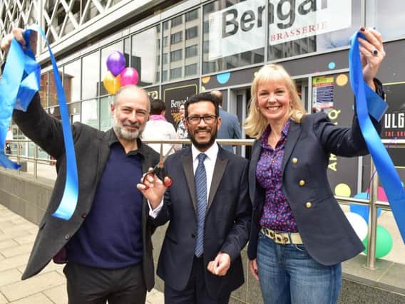 Celebrating the opening of the knockout new Bengal Brasserie in Merrion Way is, left to right, Leeds North East MP Fabian Hamilton, Bengal Brasserie managing director Malik Miah and Town Centre Securities Helen Green.