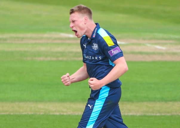 Rising star: Matthew Waite, pictured celebrating taking a wicket against Derbyshire, has impressed for Yorkshire in one-dayers. (Picture: SWpix.com)