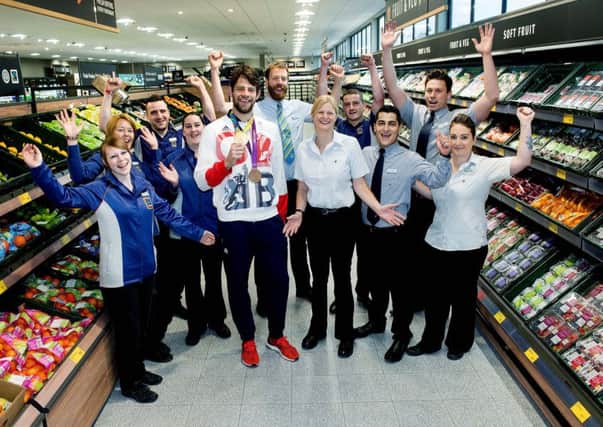 13 July 2017.
The opening of the new ALDI store in Wetherby.
Team GB Olympian Tom Ransley and store manager Clare Vause with her team.