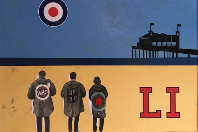 Part of the new Mods on the Beach collage at Henshaws Arts & Crafts Centre by Harrogate artist Thomas James Butler.