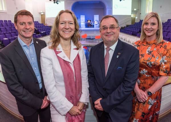 From left: Eric Hawthorn of Radio Design; Marian Sudbury of the DIT; Roger Marsh of the LEP; and Victoria Hopkins of Hopkins Catering at the launch of ExportExchange in Leeds. (S)