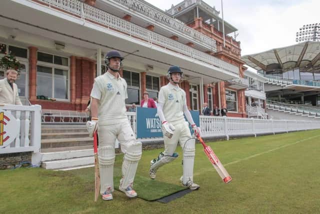 Sessay openers Mark Wilkie, left, and Mark Jackson walk out to bat at Lord's