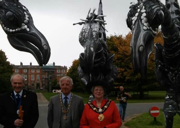 Here we are pictured with the three 20ft dinosaurs at Newby Hall.