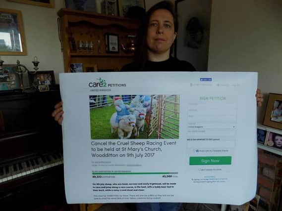 Samantha Francis with a successful petition in July this year. Now, the campaign group is calling for sheep racing to be stopped at the Masham Sheep Fair.