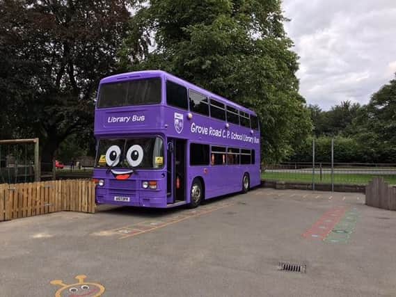The new library bus arrives at Grove Road Community Primary School.