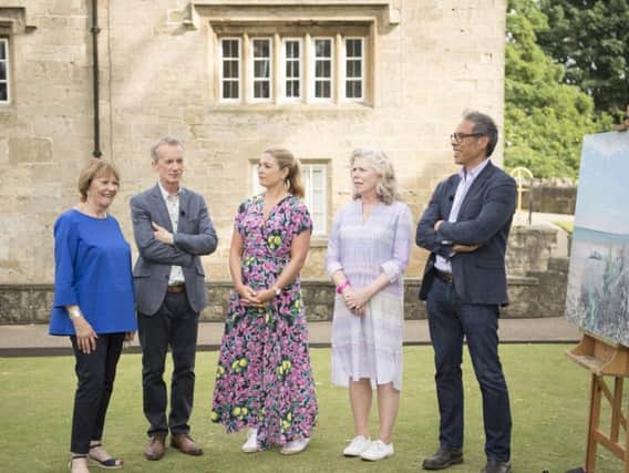 Comedian Frank Skinner and broadcaster Joan Bakewell with judges in Sky Arts' Landscape Artist of the Year.