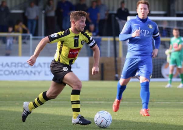 Josh Falkingham was on target for Harrogate Town in their FA Cup defeat to Gainsborough Trinity. Picture: Town Pix