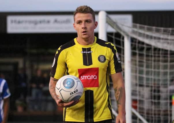 Harrogate Town's Joe Leesley missed an early penalty in Tuesday's 1-1 draw with Bradford Park Avenue. Picture: Town Pix