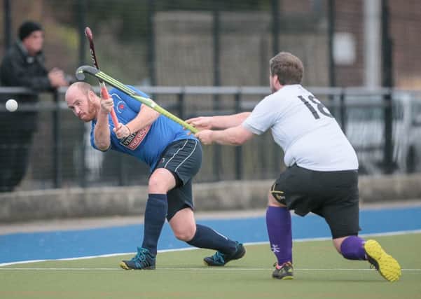 Action from Harrogate Hockey Club Mens 2nds' home defeat to Huddersfield Dragons 1sts. Picture: Caught Light Photography
