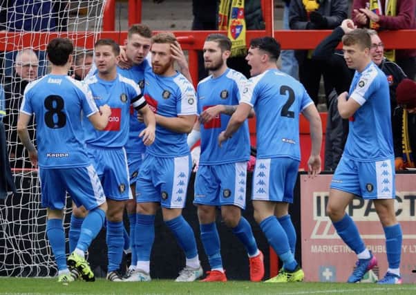 Harrogate Town celebrate after taking the lead at Alfreton. Picture: Town Pix