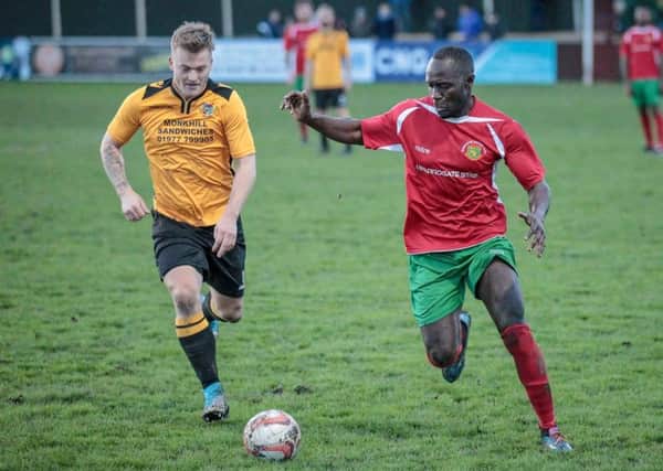 Dionisio Mendes in action during Harrogate Railway's home loss to Pontefract Collieries. Pictures: Caught Light Photography