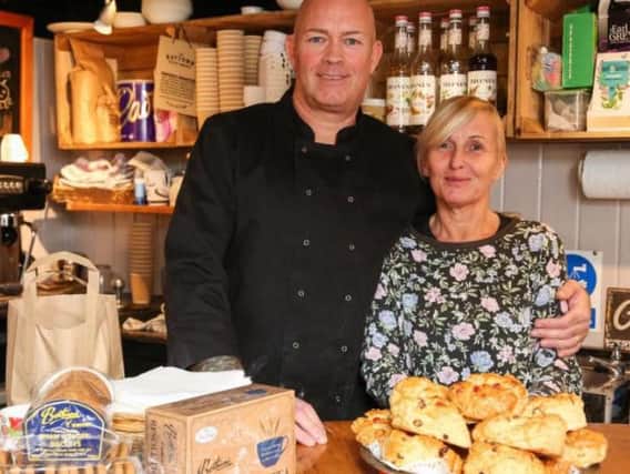 Former miner and self-taught baker Mark Whittaker with his partner Helen Matos who together run the small cafe, Sandgate Coffee, in the historic town of Whitby. Picture Ceri Oakes.