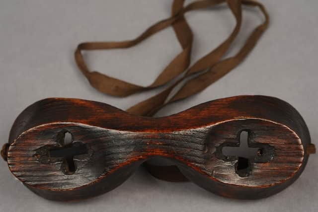 A pair of Inuit-type wooden snow goggles used by Thomas Soulsby Williamson drew a lot of interest with the top bid coming from a UK collector at 9,500 (s).