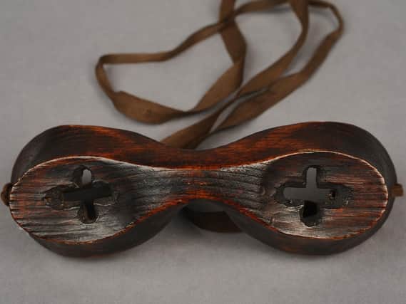 A pair of Inuit-type wooden snow goggles used by Thomas Soulsby Williamson drew a lot of interest with the top bid coming from a UK collector at 9,500 (s).